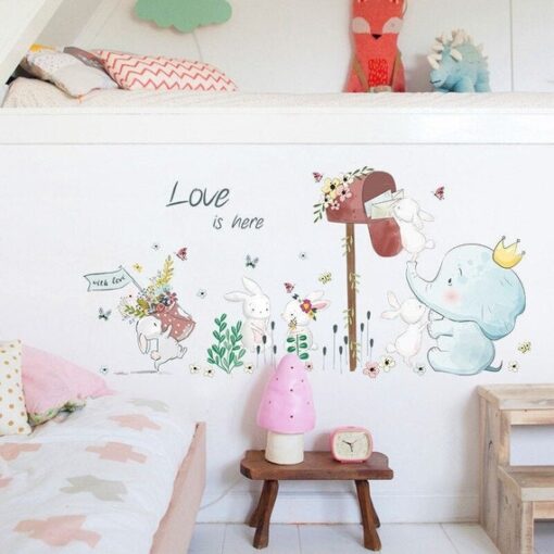 Stickers Chambre Bébé - Eléphant et Petits Lapins Courrier