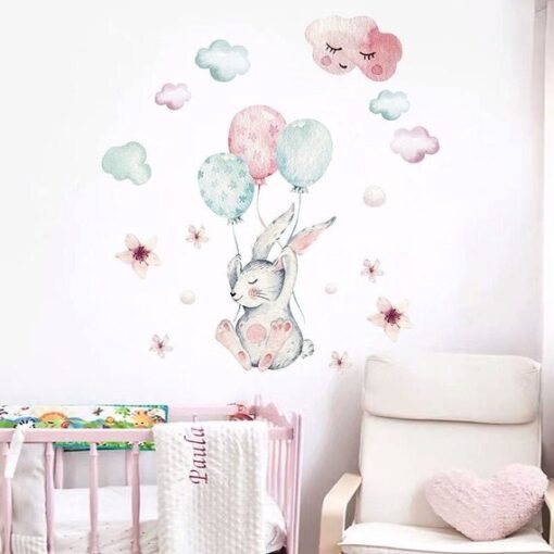 Stickers Chambre Bébé - Lapin Mignon Ballons et Nuages