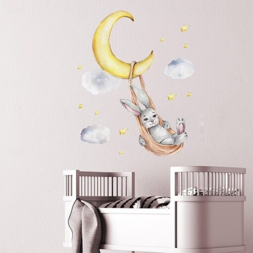 Stickers Chambre Bébé - Lapin accroché à la Lune