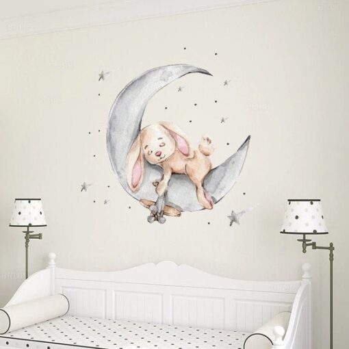 Stickers Chambre Bébé - Lapin qui dort sur la Lune