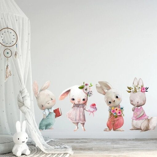 Stickers Chambre Bébé - Lapins Mignons Fleurs