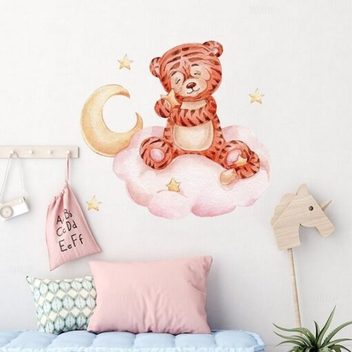 Stickers Chambre Bébé - Tigre sur un Nuage Lune et Étoiles