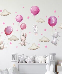 Stickers Muraux Lapin Stickers Chambre Fille - Lapins Ballons Roses Nuages