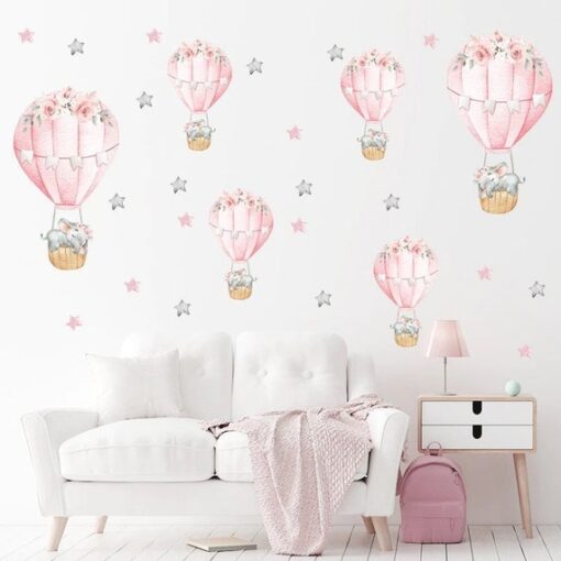 Stickers Chambre Fille - Petits Eléphants dans des Montgolfières