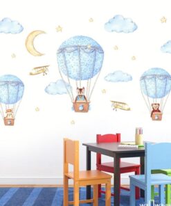 Stickers Chambre Garçon - 3 Montgolfières Bleues et Avions