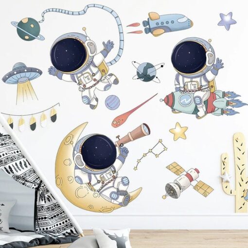 Stickers Chambre Garçon - Astronaute et Lune dans l'Espace, Fusée dans l'Univers