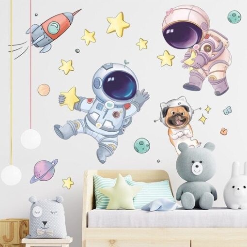 Stickers Chambre Garçon - Astronautes dans l'Espace, Chien dans l'Univers avec Fusée