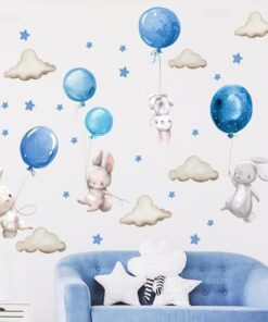 Stickers Chambre Bébé Garçon Lapin Stickers Chambre Garçon - Lapins Ballons Bleus