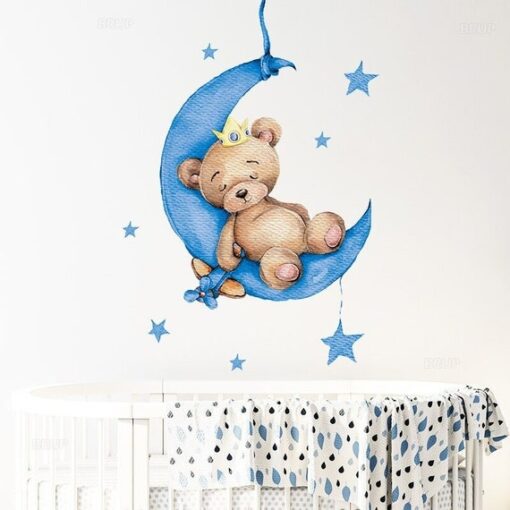 Stickers Chambre Garçon - Petit Ours qui dort sur la Lune Bleue