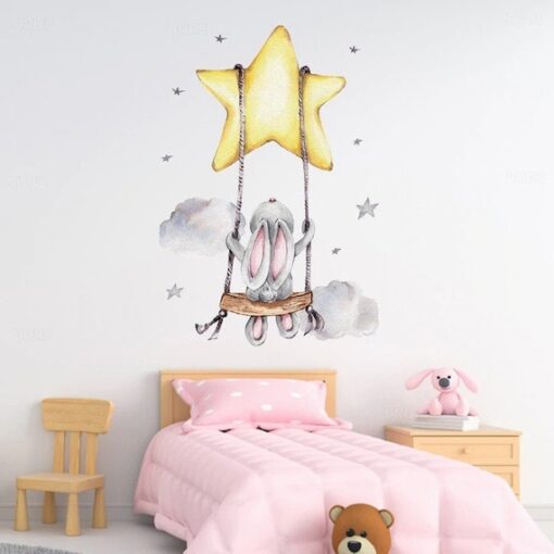 Stickers Muraux Chambre Bébé - Lapin Balançoire Etoile