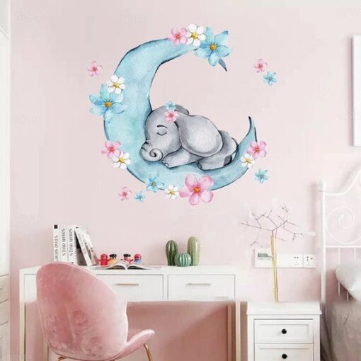 Stickers Muraux Chambre Fille - Elephant qui dort sur la Lune