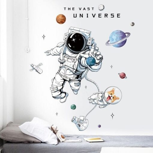 Stickers Chambre Garçon - Astronaute dans l'Espace et Planètes - Chien dans l'Univers