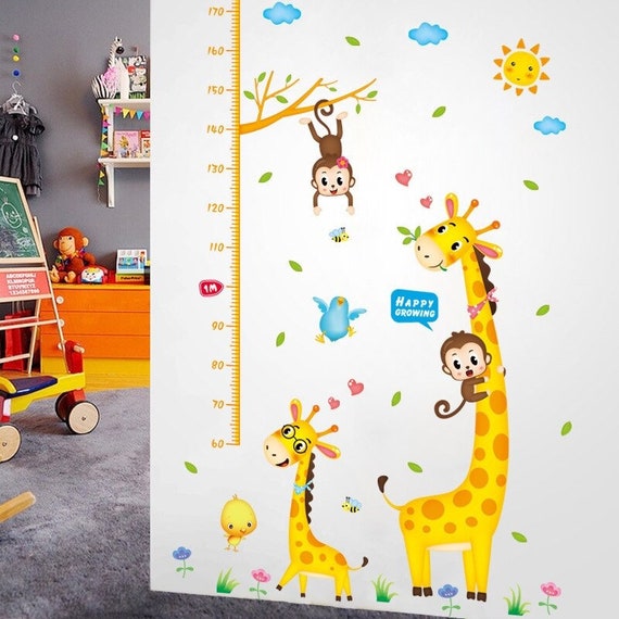 Stickers adhésifs Toise 1 planches de 50 x 70 cm Décoration murale chambre enfants Sticker Autocollant Singe et Girafe 