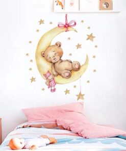 Stickers Chambre Garçon - Petit Ours qui dort sur la Lune Bleue Stickers Chambre Garçon - Petit Ours qui dort sur la Lune Bleue