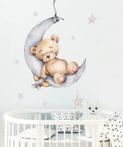 Stickers Chambre Garçon - Petit Ours qui dort sur la Lune Bleue Sticker Animaux Mignons