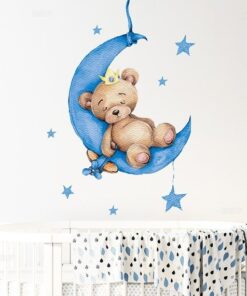 Stickers Chambre Garçon - Petit Ours qui dort sur la Lune Bleue