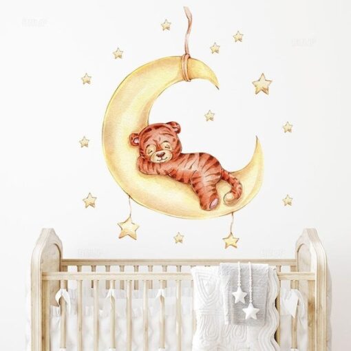 Stickers Chambre Bébé - Petit Tigre qui dort sur la Lune