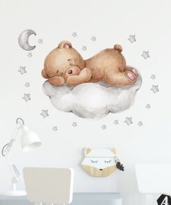 Stickers Chambre Bébé - Ourson Mignon qui dort sur un Nuage