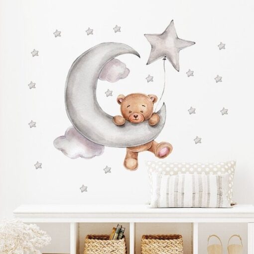 Stickers Chambre Bébé - Ourson accroché à la Lune Grise