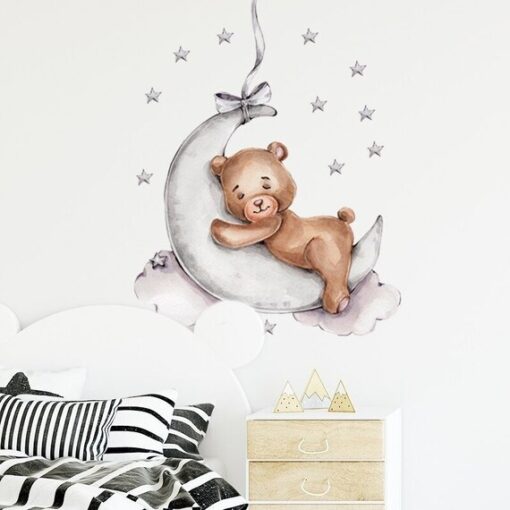 Stickers Chambre Bébé - Ourson qui dort sur la lune grise