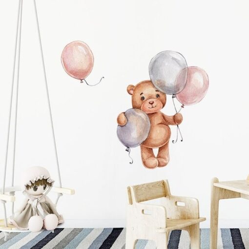 Stickers Chambre Fille - Petit Ours avec 4 ballons