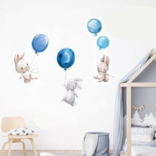 Stickers Chambre Garçon - 3 lapins ballons bleus