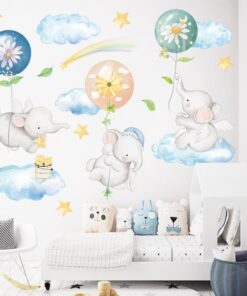 Stickers Chambre Bébé, Elephants avec Ballons sur Nuages Stickers Chambre Bébé, Elephants avec Ballons sur Nuages