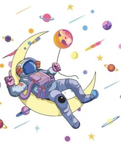 Stickers Chambre Garçon - Astronaute sur la Lune avec Planète dans l'Espace et l'Univers