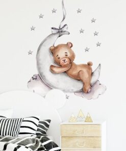Stickers Chambre Bébé - Ourson qui dort sur la lune grise