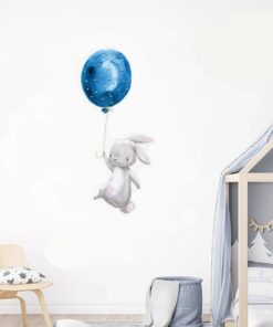 Stickers Chambre Garçon - Lapin Mignon avec Ballon Bleu à Pois