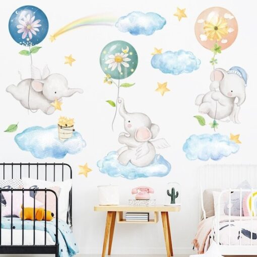 Stickers Chambre Bébé, Elephants avec Ballons sur Nuages