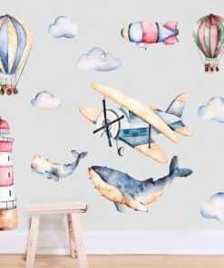 Alternative view of Stickers Chambre Garçon - Avion, Montgolfière, Phare et Baleine