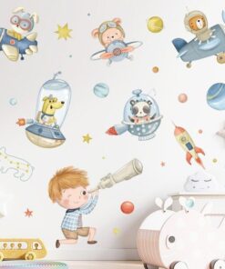 Stickers Chambre Garçon - Avions, Fusée et Garçon à la Longue Vue Stickers Chambre Garçon - Avions, Fusée et Garçon à la Longue Vue