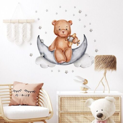 Sticker chambre bébé Ourson Lune et avion