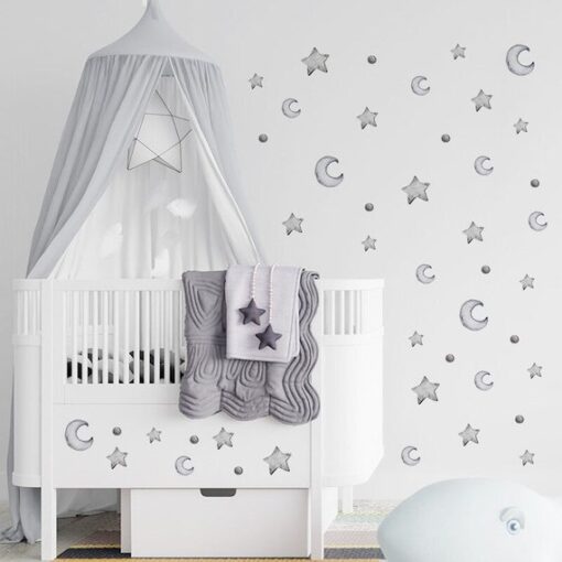 Stickers Chambre Bébé - Etoiles et Lunes Aquarelles Grises