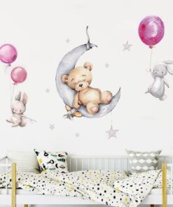 Stickers Chambre Fille - Ours sur la Lune et Petits Lapins Ballons Roses