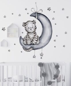 Stickers chambre bébé tigre gris sur lune étoiles