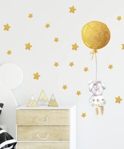 Stickers Chambre Fille - Petit Lapin Etoiles et Ballon Jaune Stickers Chambre Fille - Petit Lapin Etoiles et Ballon Jaune