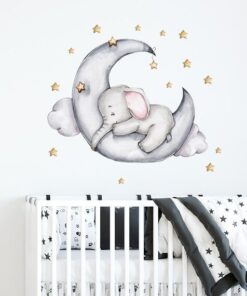 Alternative view of Stickers Chambre Bébé - Petit Eléphant sur la Lune avec une Etoile Ballon