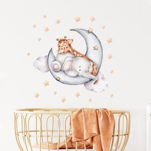 Stickers Chambre Bébé - Elephant et Girafe sur la Lune