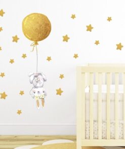 Stickers Chambre Fille - Petit Lapin Etoiles et Ballon Jaune Stickers Chambre Fille - Petit Lapin Etoiles et Ballon Jaune