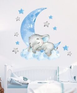 Stickers Chambre Bébé - Petit Elephant sur la Lune Bleue