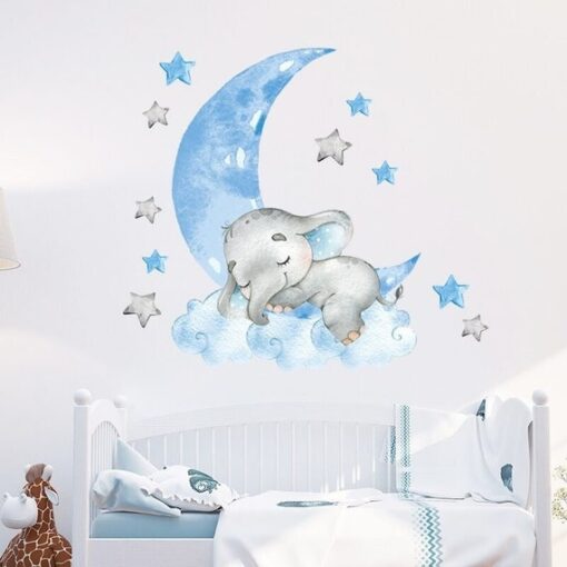 Stickers Chambre Bébé - Petit Elephant sur la Lune Bleue