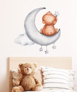 Stickers chambre bébé ours ourson sur lune touche les étoiles