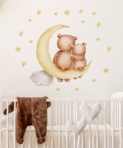 Sticker bébé Ourson sur Lune et étoiles