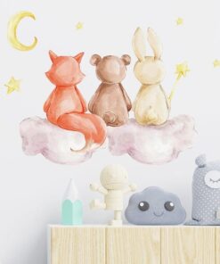 Stickers Chambre Bébé - 3 animaux de dos sur un nuage, lapin, renard, ours