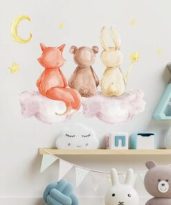 Stickers Chambre Bébé - 3 animaux de dos sur un nuage, lapin, renard, ours