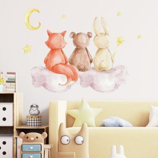 Stickers Chambre Bébé - 3 animaux de dos sur un nuage, lapin, renard, ours
