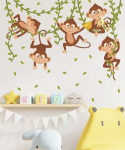 Stickers Chambre Bébé - Petits Singes sur les Lianes, Animaux de la Jungle