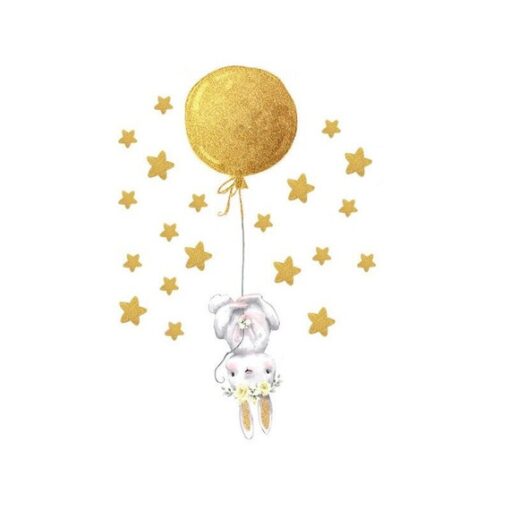Stickers Chambre Bébé - Petit Lapin tête en bas avec un Ballon Jaune et Etoiles